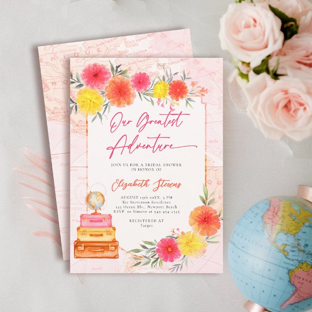 Invitation Notre plus grande aventure Zinnia Bright Floral Br (travel bridal shower invitation floral watercolor world map suitcase hot pink orange yellow tropical)