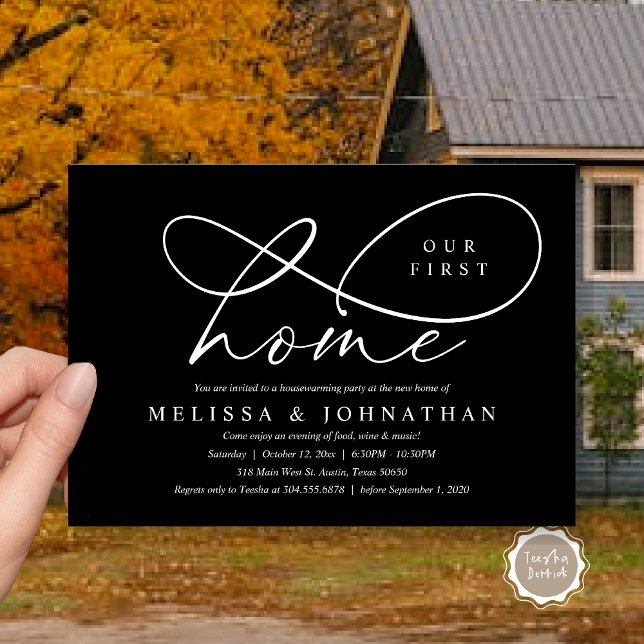 Invitation Notre Première Maison, Cosy House Party (Our First Home, Cozy Lovely Housewarming Party Invitation Card, PDF, Lovely Cozy Classy Black)