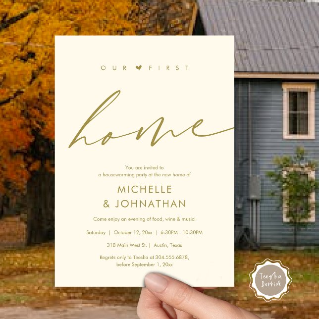 Invitation Notre première maison, fête du réchauffement clima (Our first home, Housewarming party celebration Invitation Card, in Classy Gold)