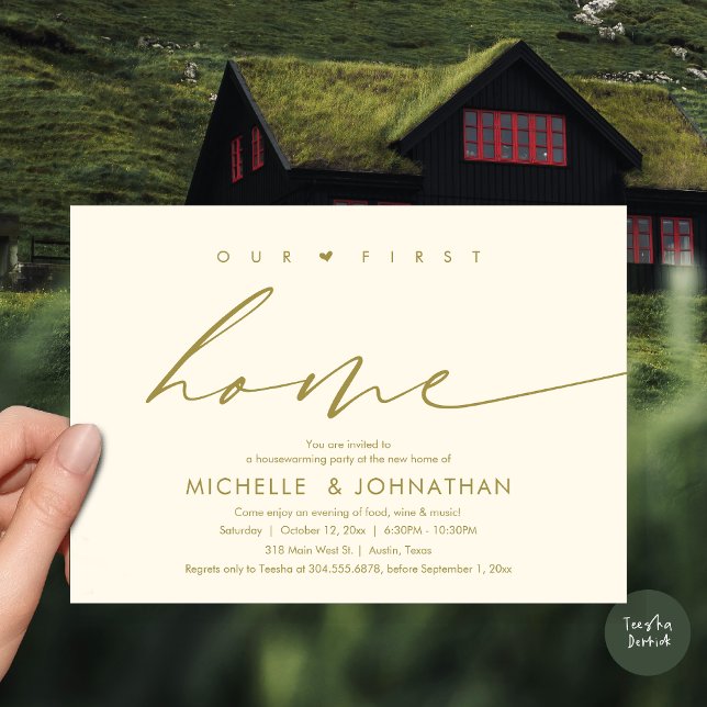 Invitation Notre première maison, fête du réchauffement clima (Our first home, Housewarming party celebration Invitation Card, PDF, in retro yellow gold)