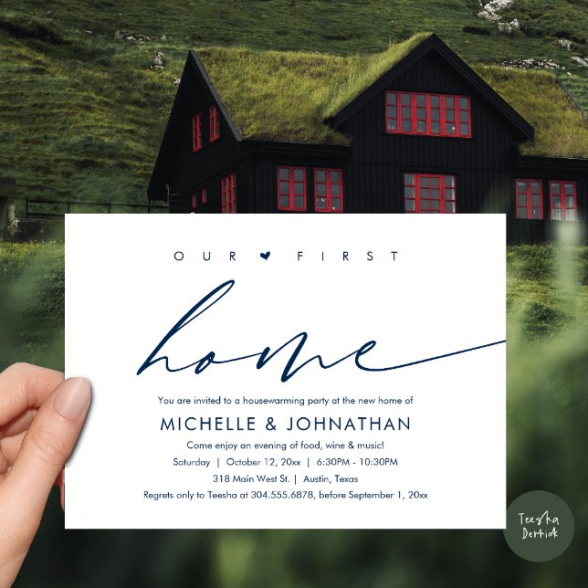 Invitation Notre première nouvelle maison, Fête de la Fête du (Our First New Home, Housewarming Party Celebration Invitation Card, PDF, in Navy Blue)