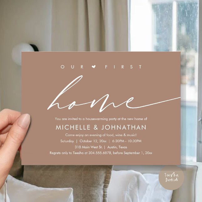 Invitation Notre première nouvelle maison, Fête de la Fête du (Our First New Home, Housewarming Party Celebration Invitation Card, PDF, in Neutral Taupe Earthy)