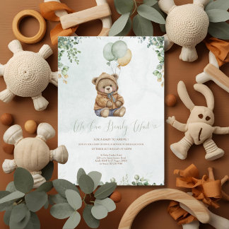Invitation Nounours Brun Ballons Vert Sauge Bébé
