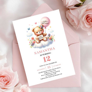 Invitation Nounours chéri ballon fleur fille anniversaire