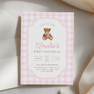 Invitation Nounours en gingham rose pour la première année de