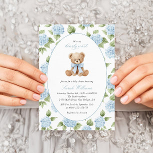 Invitation Nounours en peluche, Nœud bleu, Fleurs bleues, Bab