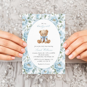 Invitation Nounours en peluche, Nœud bleu, Fleurs bleues, Bab