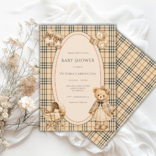 Invitation Nounours en Tartan Brun Noir Rouge Ours en Peluche
