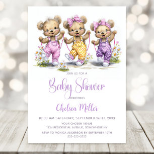 Invitation Nounours Filles Vêtus de Salopettes à pois