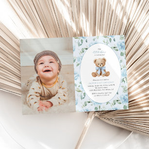 Invitation Nounours, Nœud Bleu, Fleurs Bleues, Premier Annive