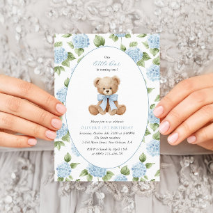 Invitation Nounours, Nœud Bleu, Fleurs Bleues, Premier Annive