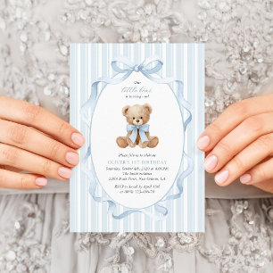 Invitation Nounours, Nœud Bleu, Rayures Bleues, Premier Anniv