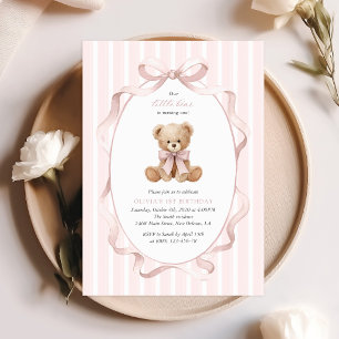Invitation Nounours, Nœud Rose, Rayures Roses, Premier Annive