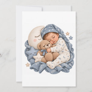Invitation Nounours ours en peluche & croissant de lune bleu