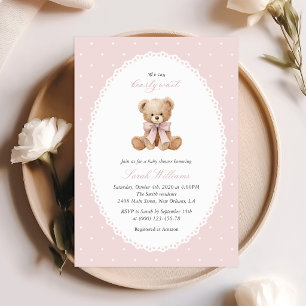 Invitation Nounours ours en peluche, noeud rose, pois roses,