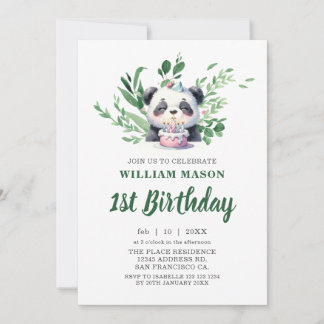 Invitation Nounours Panda Aquarelle Verdure 1er Anniversaire