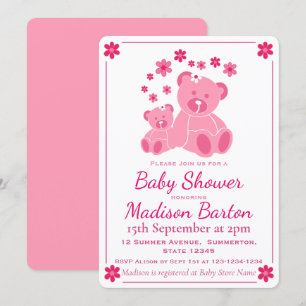 Invitation Nounours rose mignon Baby shower fille