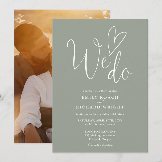 Invitation Nous aimons Coeur Photo Sage Vert Mariage (Devant / Derrière)