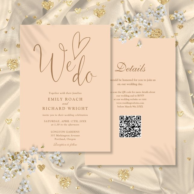 Invitation Nous aimons Coeur QR Code Soft Peach Mariage (We Do Love Heart QR Code Soft Peach Wedding Invitation)