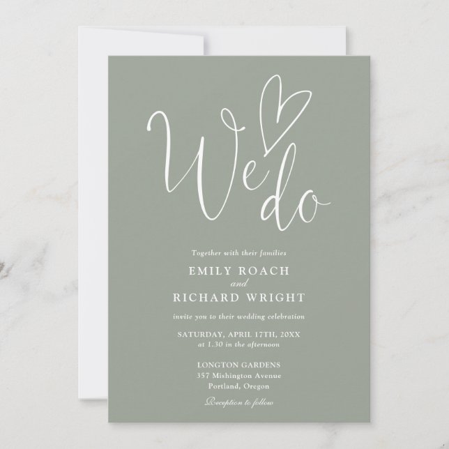 Invitation Nous aimons Coeur Script Sage Mariage Vert (Devant)