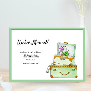 Invitation Nous avons déménagé ! Valise aquarelle et plante d