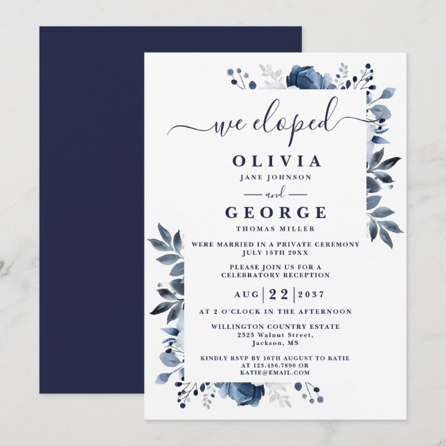 Invitation Nous avons Elopé Bleu Botanique Floral Mariage Elo (Devant / Derrière)