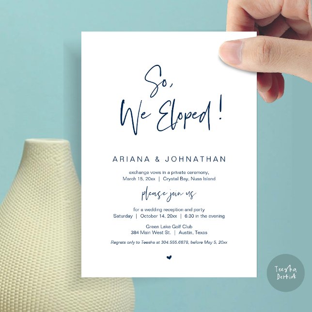 Invitation Nous avons Elopé, Bleu Marine, Elopement Mariage (So, We Eloped, Modern Wedding Elopement Dinner Invitation Card, PDF, in Navy Blue)
