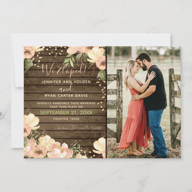Invitation Nous Avons Elopé Blush Floral Rustic Wood Mariage (Devant)