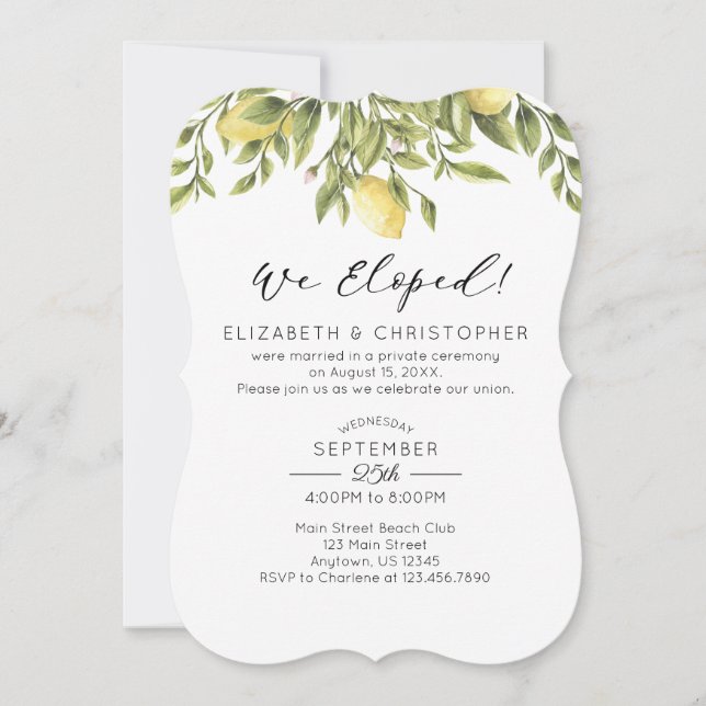 Invitation Nous avons Elopé Citrons Verdure Mariage Elopement (Devant)