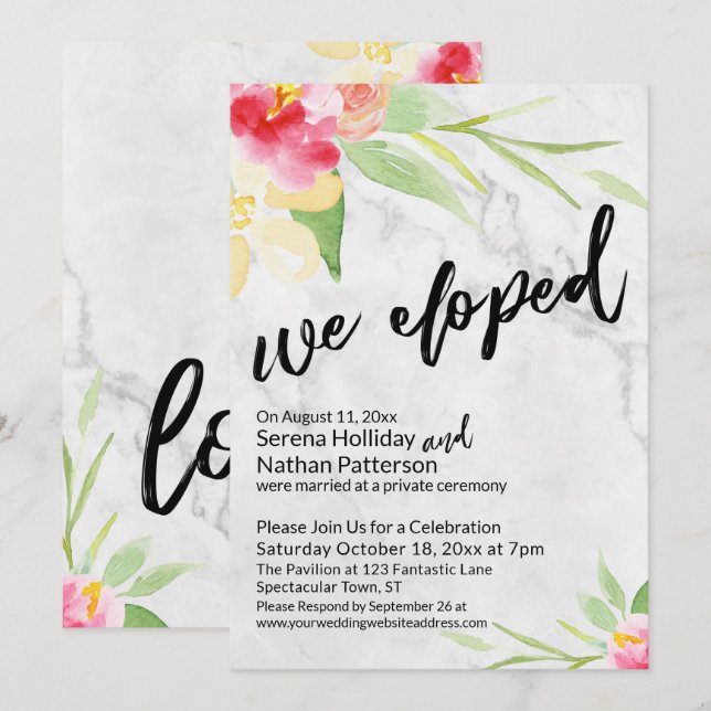 Invitation Nous Avons Elopé Fleurs Aquarelles & Marbre Gris (Devant / Derrière)