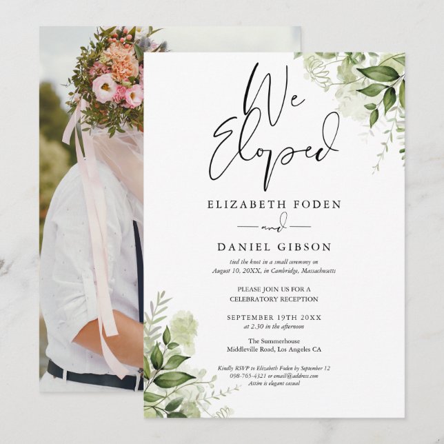 Invitation Nous Avons Elopé Floral Greenery Photo Party (Devant / Derrière)