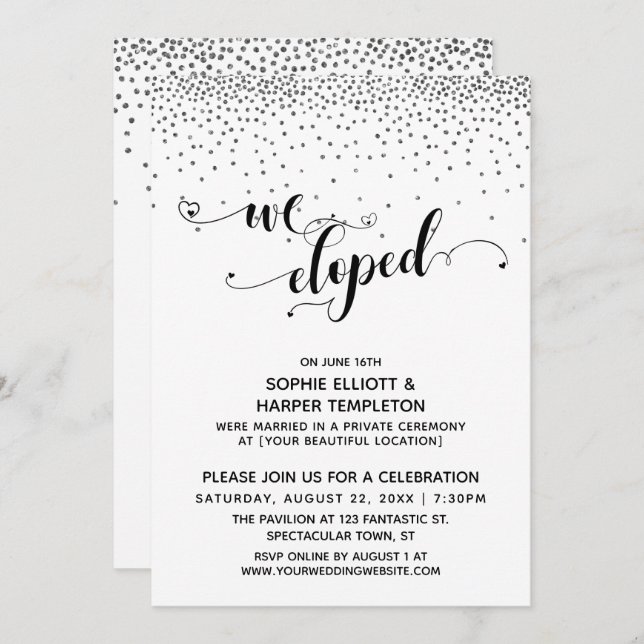 Invitation Nous Avons Elopé Script Argent Confetti Réception  (Devant / Derrière)