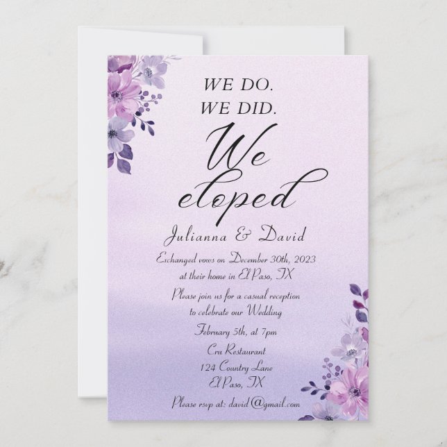 Invitation Nous Avons Fait Nous Avons Elopé Mariage Réception (Devant)