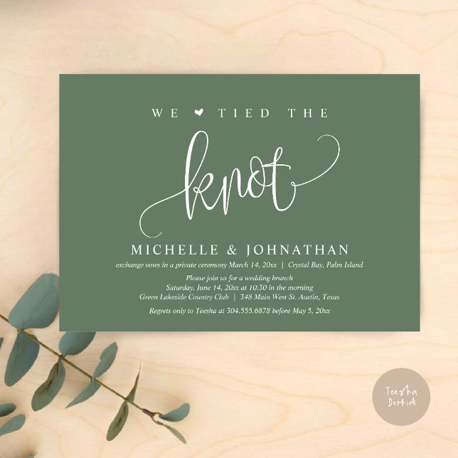 Invitation Nous Avons Lié Le Knot, Mariage Elopement Party In (We tied the knot, modern wedding elopement dinner party invitation card, PDF, in sage green)