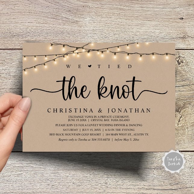 Invitation Nous Avons Lié Le Knot, Rustique Dîner Mariage Elo (We Tied The Knot, Rustic Wedding Dinner Elopement Invitation Card, PDF, String Lights Brown Kraft)