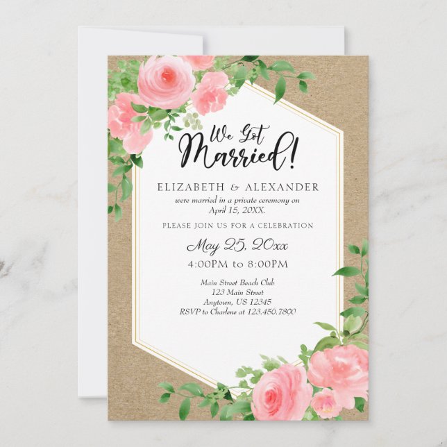 Invitation Nous Avons Marié Kraft Rose Floral Mariage Elopeme (Devant)