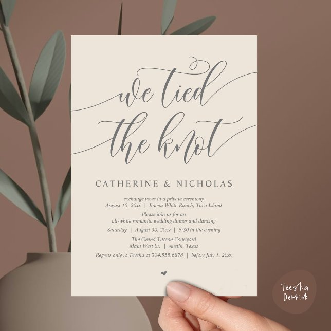 Invitation Nous avons noué, Mariage Elopement Dinner Party (We tied the knot, Modern Wedding Elopement Dinner Party Wine Invitation Card PDF Cream Grey)