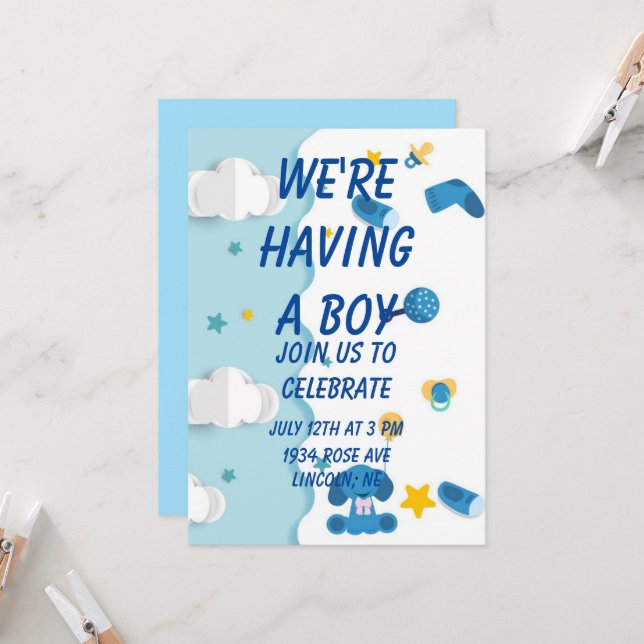 Invitation Nous avons un Baby shower d'invitation de garçon (Devant/Arrière en situation)