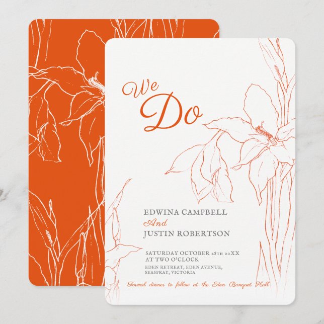 Invitation Nous faisons botanica gladiolus ligne art orange (Devant / Derrière)