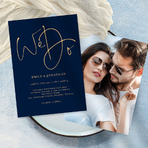 Invitation Nous faisons Gold Script Photo Mariage bleu marine