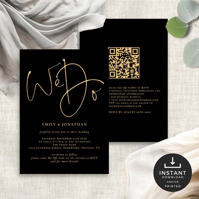 Invitation Nous faisons Gold Script QR Code Mariage noir (Front and back view)