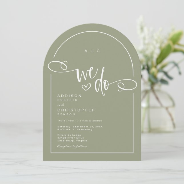 Invitation Nous faisons Heart Sage Vert Mariage de script mod (Debout devant)