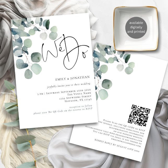 Invitation Nous faisons moderne Eucalyptus QR Code Mariage (Front and back view)