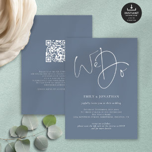 Invitation Nous faisons Script Dusty Blue blanc QR Mariage