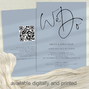Invitation Nous faisons Script Dusty Blue QR Code Mariage