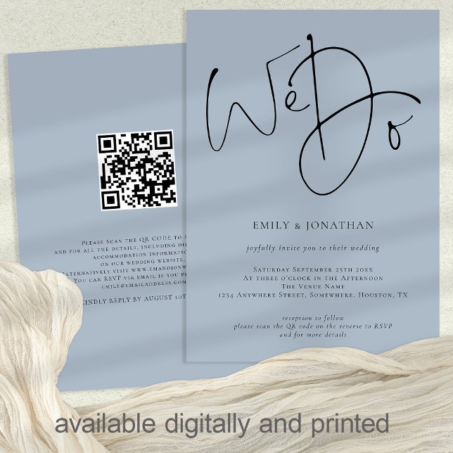 Invitation Nous faisons Script Dusty Blue QR Code Mariage (Créateur téléchargé)