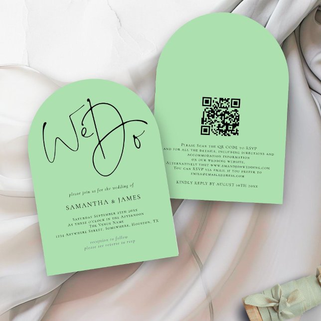 Invitation Nous faisons Script QR Code Celadon Green Mariage  (Front and back view)