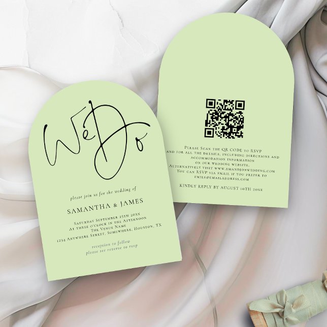 Invitation Nous faisons Script QR Code Lime Cream Green Maria (Front and back view)