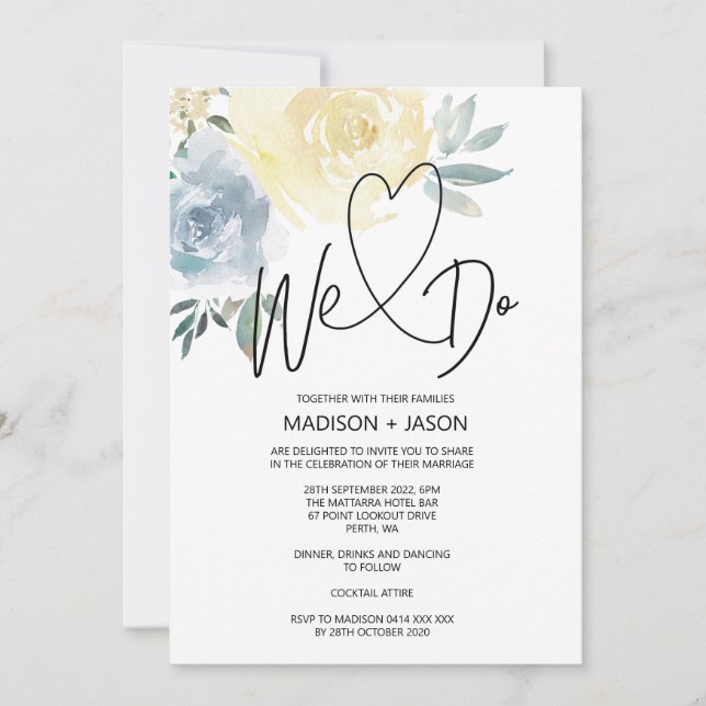 Invitation Nous Faisons Simple Moderne Mariage Bleu Crème Flo (Devant)