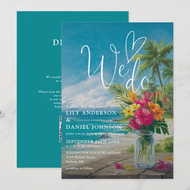 Invitation Nous faisons un mariage moderne avec un code QR fl (Devant / Derrière)